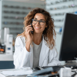 happy optometrist talking to consultation